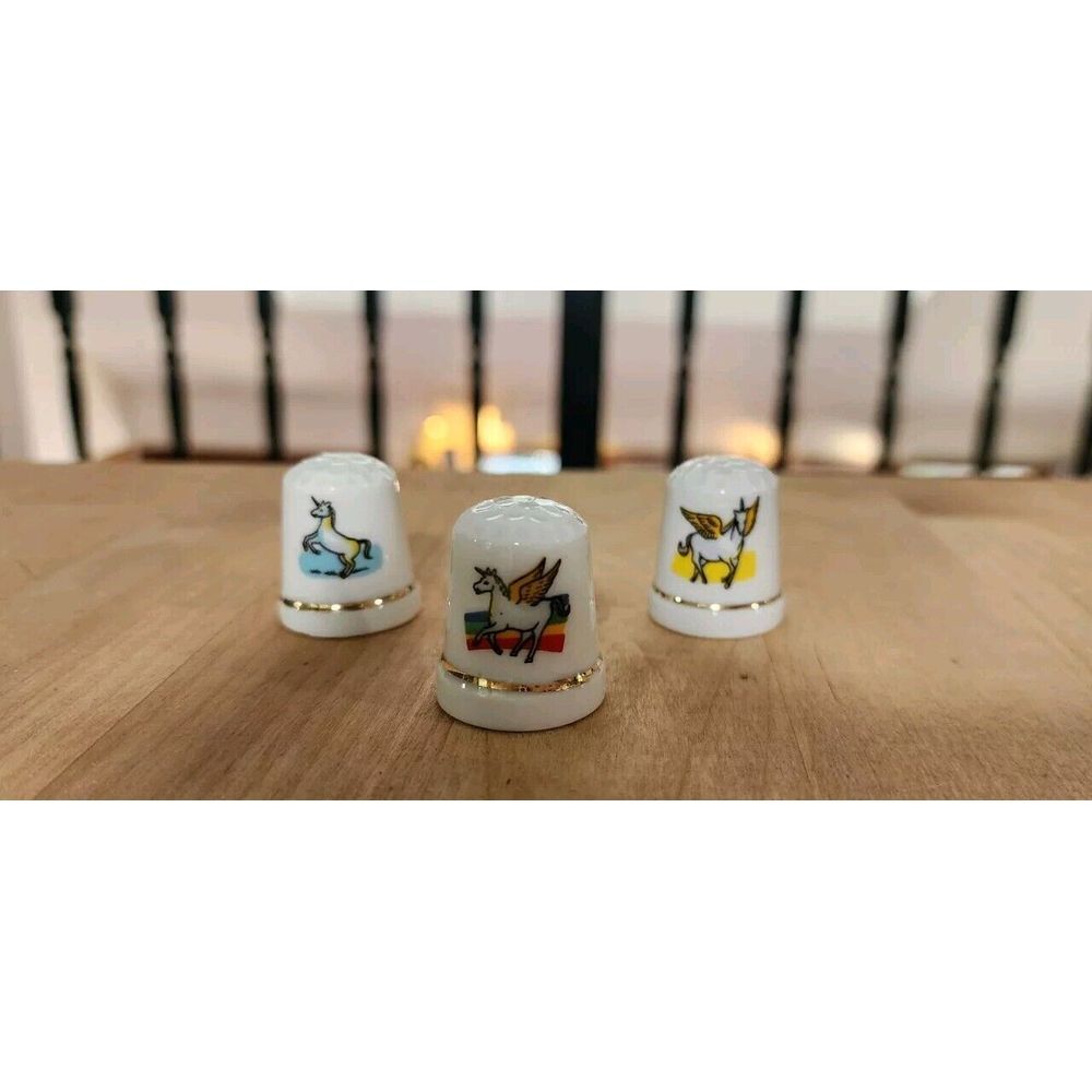 VTG 3 UNICORN 🦄 PORCELAIN Thimbles GOLDTRIM